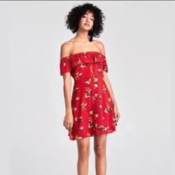NWT Zara red Floral off the shoulders Dolly Dress, button up, Bertha Collar Sz L - Picture 1 of 9